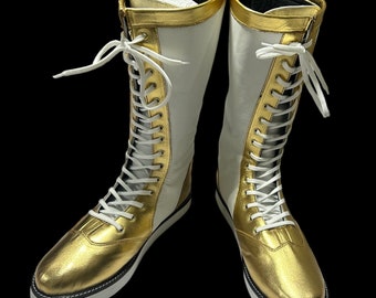 Handmade Pro Wrestling Long Boots, 100% Original Leather - Customizable, Lace-Up Style in White & Golden with Star