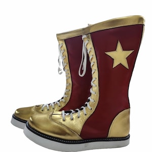 Pro-worstelschoenen, handgemaakt, 100% origineel leer - aanpasbaar, veterstijl in kastanjebruin en goud