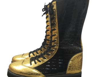 Pro Wrestling Boots, Handmade, DX Leather, Gold and black Crocs Pattern, Customizable colors