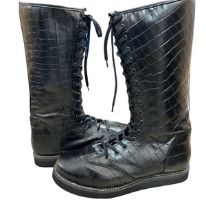 Lange laarzen professionele worstelen, handgemaakte leren schoenen, 100% echt leer, zwarte kleur, slangentextuur, aanpasbaar, stijl met veters