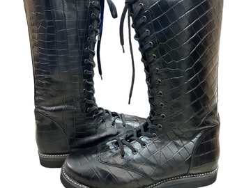 Botas de lucha de cuero hechas a mano: textura de serpiente negra, con cordones