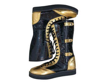Pro Wrestling Boots, Handmade, DX Leather, Gold and black Crocs Pattern, with zipper, Customizable