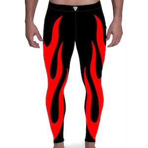 Męskie legginsy do zapasów, czarno-czerwone, w stylu Fire, wysokiej jakości, z możliwością personalizacji