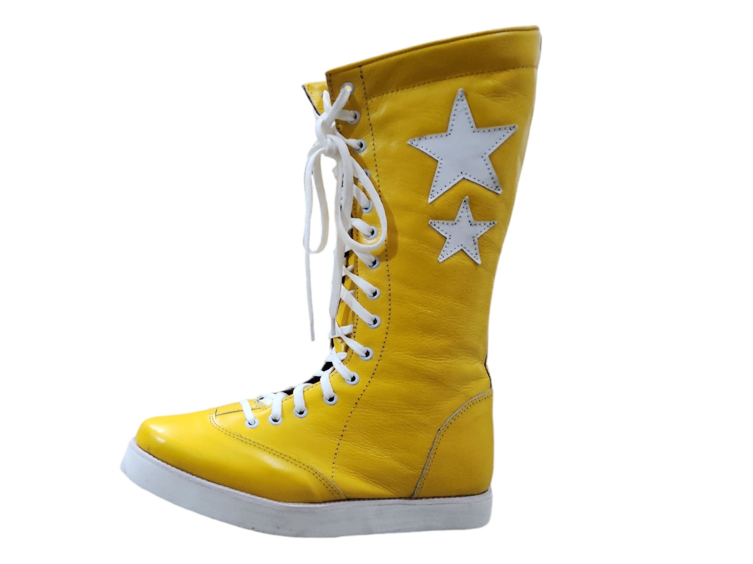 Ricofill Pro Wrestling Boots Handmade 100 Original Leather Yellow Color White Stars