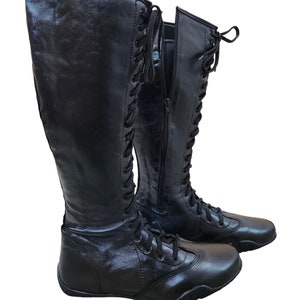 Worstellaarzen, platte zool, handgemaakt, RITS- en veterstijl, 100% origineel leer, zwarte kleur, aanpasbaar