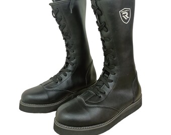 Handmade, Wrestling Long Boots, Plain Black 100% Original Leather, Customizable any size and Logo