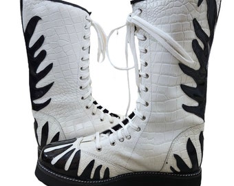 Handmade Leather Wrestling Boots White Crocs pattern   & Black Fire, Customizable