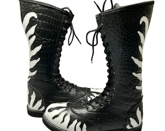 Wrestling Long Boots, Handmade, 100% Original Crocodile Leather, White Fire Style, Customizable