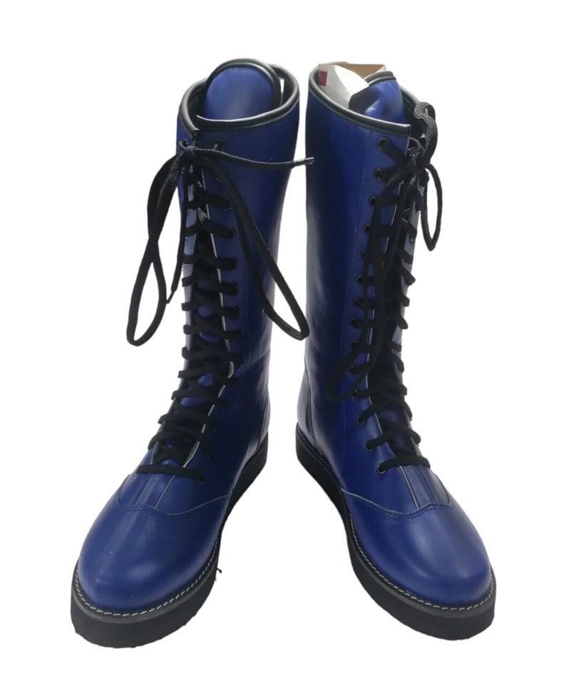 Wrestling Long Boots, 100% Original Leather, Blue Color, Handmade, Customizable image 1