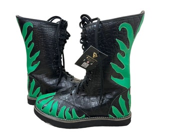 Wrestling Boots, Handmade, 100% Genuine Crocodile Leather, Long, Lace-up style, Black and Green color