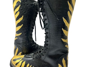 Pro Wrestling Long Boots, Handgemacht, 100% Original Leder, Gold Fire Style, Anpassbare Farben