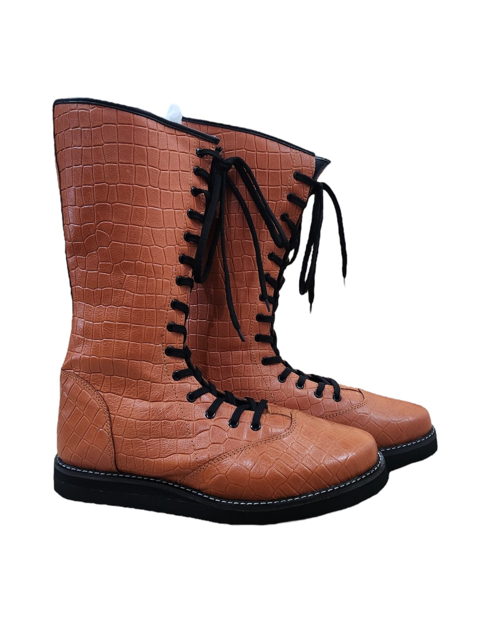Pro Wrestling Long Boots, Handmade Leather Shoes, 100% Genuine Leather, Brown Color, Snake Texture, Customizable, Lace-up style