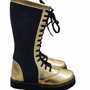 Worstellaarzen, handgemaakt, 100% origineel leer, gouden en zwarte glitterkleur