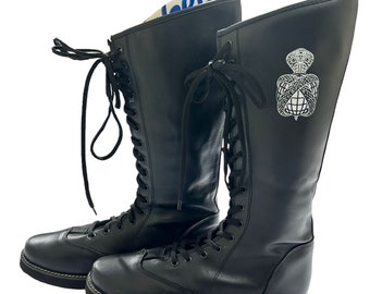 Wrestling Long Boots with Customized Logo Outer-side, Lace-up style, Black Color, Handmade, 100% Genuine Leather