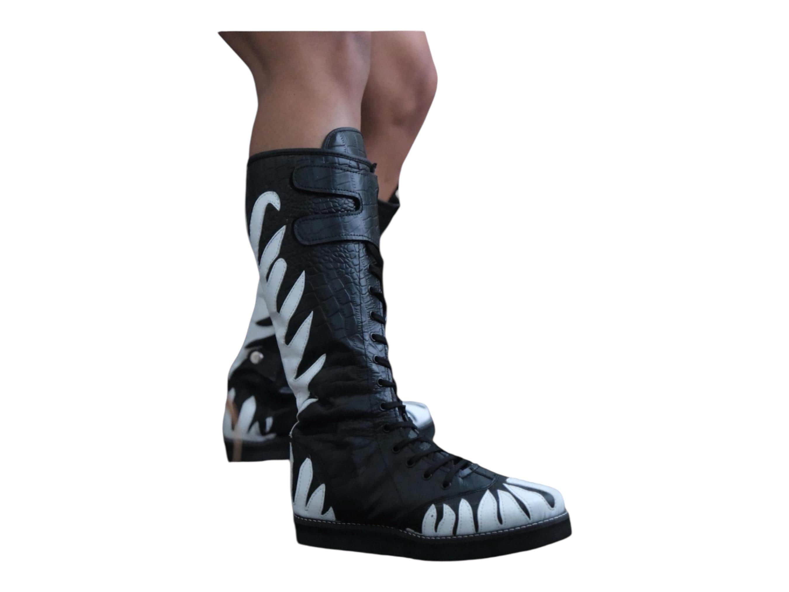 Pro Wrestling Shoes ,100% Original Leather, White Fire Design, Zipper and Buckles