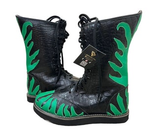 Pro Wrestling Shoes ,100% Original Leather, Green Fire Design, Customizable colors, Lace-up style