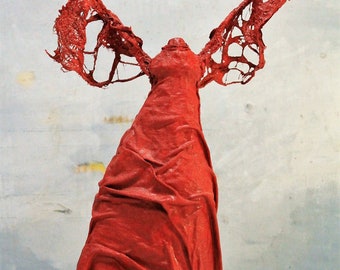 Red Woman Sculpture, Crimson Decor, Lady Statue, Inspired by Nike of Samothrace
