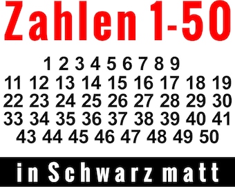 Klebezahlen 1-50 fortlaufend in Schwarz Matt, Zahlenaufkleber, Sticker, Ziffern, Nummer