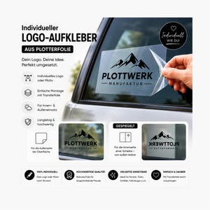 Könnte beinhalten: Ein individueller Logo-Aufkleber aus Plotterfolie mit schwarzem Berggrafik-Motiv und dem Text PLOTTWERK MANUFAKTUR. Der Aufkleber wird mit Transferfolie auf eine Autoscheibe angebracht, ergänzt durch Darstellungen für die Innen- und Außenanwendung.