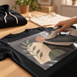 Könnte beinhalten: Ein schwarzes T-Shirt mit einem Grafikdruck aus einem beigen Bogen, einem grünen Blattzweig, einem terrakottafarbenen Kreis und feinen Linien. Ein weiß-graues Bügeleisen wird auf das Motiv gedrückt, um den Transfer auf den Stoff zu übertragen.