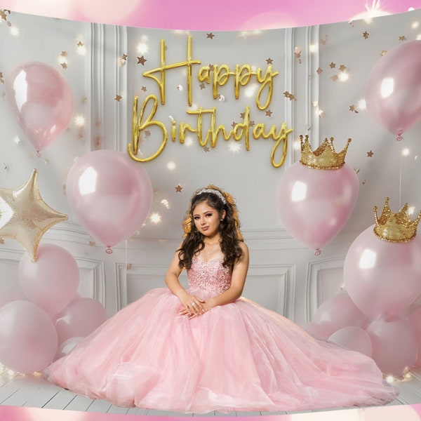 Pink Princess Happy Birthday Fabric Party Backdrop Banner Photo Little Girl Balloons Gold Quinceanera Dress Cake Smash Baby Wall Decor 1st