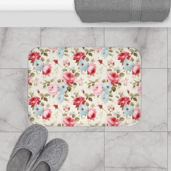 Shabby Chic Pink Roses BATH MAT French Country White Floral Bontanical Cottage Core Vintage Boho Bathroom Decor