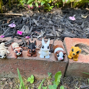 Könnte beinhalten: Eine Sammlung von sechs kleinen Tierfiguren, die in einer Reihe angeordnet sind, darunter ein beigefarbener Welpe, ein braun-weißes Frettchen, ein schwarz-brauner Hund, ein weißer Hase, ein braun-weißes Meerschweinchen und ein gelber Welpe.
