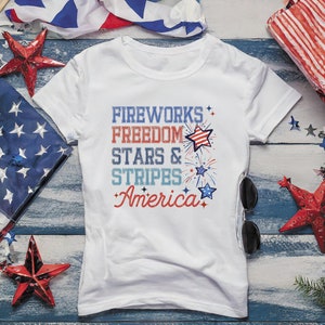 Fireworks Freedom Stars & Stripes, July 4th American Flag Shirt, Patriotic Tee, Independence Day Top, USA Flag T-shirt, Red White Blue Gift