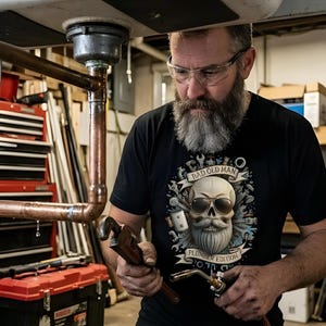 Könnte beinhalten: Ein Mann mit Schutzbrille und einem schwarzen T-Shirt mit einem Totenkopf-Design mit der Aufschrift "BAD OLD MAN PLUMBER EDITION" arbeitet an Kupferrohren. Er hält einen Schraubenschlüssel und einen Brenner in einer Werkstatt.