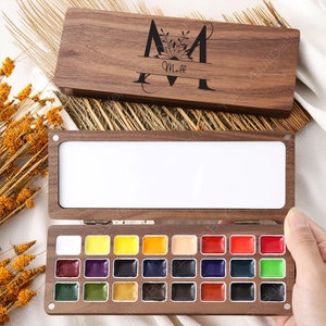 Customized Walnut Watercolor Paint Box, Solid Wood Watercolor Tray, Portable Watercolor Paint,Personalized Gift,Gift for Painters, 24 Colors