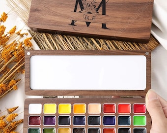 Customized Walnut Watercolor Paint Box, Solid Wood Watercolor Tray, Portable Watercolor Paint,Personalized Gift,Gift for Painters, 24 Colors