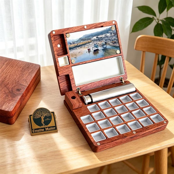 Personalized Rosewood Watercolor Paint Box, Ceramic Paint Pans, Magnetic Palette, 2ml Capacity, Portable Travel Watercolor Set