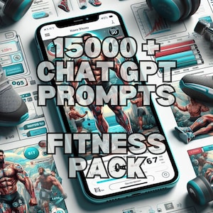 Może przedstawiać: Niebieski ekran smartfona wyświetlający aplikację fitness z tekstem "15000+ CHAT GPT PROMPTS FITNESS PACK" i obraziem muskularnego mężczyzny. Telefon leży na stole z innymi przedmiotami związanymi z fitness.