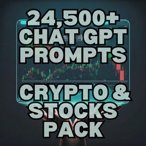 Peut inclure: Une main tient un écran numérique affichant le texte "24 500+ CHAT GPT PROMPTS CRYPTO & STOCKS PACK". L'écran montre un graphique avec des lignes rouges et vertes, suggérant des données financières.