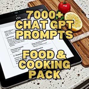 Puede incluir: Una tableta mostrando una lista de más de 7.000 indicaciones de Chat GPT para comida y cocina. La tableta está sobre una tabla de cortar de madera con un tomate rojo y un limón amarillo.