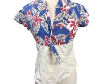 Vintage Rockies Floral Button-Up Shirt, Size M Blue/White