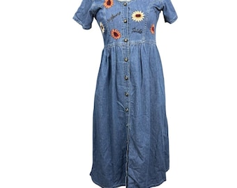 Vintage 90s Jane Ashley Petite Denim Maxi Dress Sunflower Embroidery PM