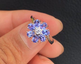 Sterling Silver Tanzanite Cluster Ring | White Zircon, Size 6 | Christmas Gift