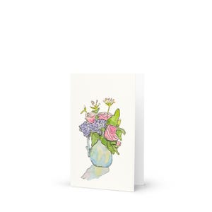 Biglietto d'auguri fatto a mano con acquerello – Vaso floreale viola e rosa