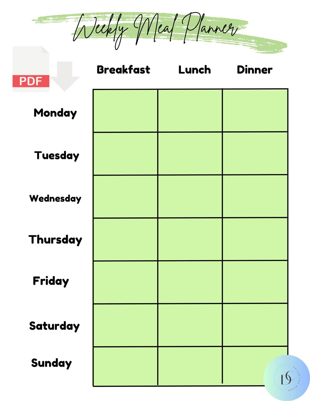 Simple Printable Weekly Meal Planner. Breakfast Lunch Dinner. PDF