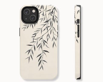 Boho Willow Tree Minimalist Beige Phone Case, Tree Black Sketch Spring Aesthetic Case for iPhone 16, 15, 14, 13, 12, Pro, Max, Plus and More