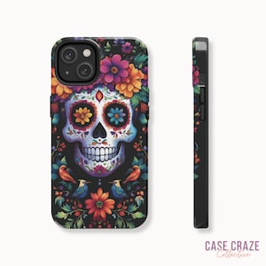 Dia De Los Muertos Floral Phone Case, Sugar Skulls Case for iPhone 15, 14, 13, 12, 11, Pro, Max, Plus, and Samsung Galaxy S24, S23, S22, S21