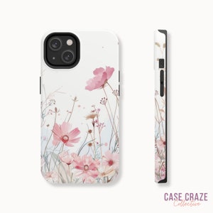 Pink Wildflowers Phone Case, Cute Floral Watercolor Aesthetics Flower Case for iPhone 16, 15, 14, 13, 12, 11, Pro, Max, Plus, Samsung Galaxy