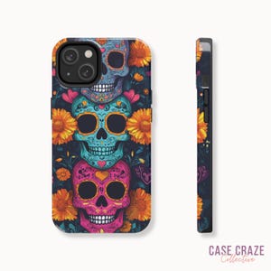 Colorful Sugar Skulls Phone Case, Cute Halloween Case for iPhone 15, 14, 13, 12, 11, Pro, Max, Plus, and Samsung Galaxy S24, S23, S22, S21