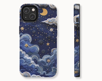 Night Sky Embroidery Phone Case, Moon 3D Effect Faux-Texture Case for iPhone 15, 14, 13, 12, 11, Pro, Max, Plus, Samsung S24, S23, S22, S21