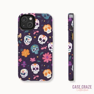 Sugar Skulls Purple Phone Case, Cute Halloween Case for iPhone 15, 14, 13, 12, 11, Pro, Max, Plus, and Samsung Galaxy S24, S23, S22, S21