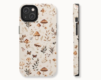 Woodland Mushroom Phone Case, Cottagecore Beige Fall Case for iPhone 16, 15, 14, 13, 12, 11, Pro, Max, Plus and Samsung Galaxy