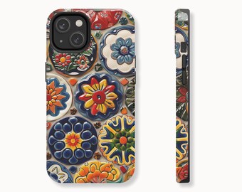 Talavera Pottery Mosaic Phone Case, Colorful Mexican Tile Inspired Folk Art Case for iPhone 16, 15, 14, 13, 12, 11 Pro, Max, Plus and More