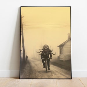 Black and White Tentacled Cthulhu Digital Photo, Cthulhu Rides a Bicycle Poster Download, Cthulhu Printable Art Download, Cthulhu Gothic Art