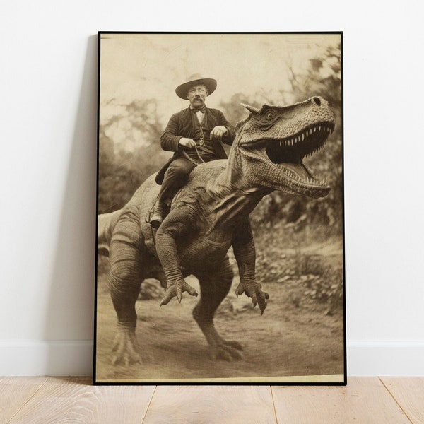 Old West Reptile Art, Prehistoric Cowboys Wall Art, Antique Dinosaur Illustration, Western Themed Dino, Retro Dino Cowboys Printable Art